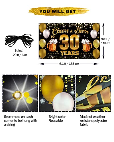 HTDZZI Cheers & Beers to 30 Years Backdrop Banner, Happy 30th Birthday Decorations for Men Women, 30th Anniversary Decor, Black Gold 30 Year Old Birthday Party Sign Poster Supplies, 6.1ft x 3.6ft