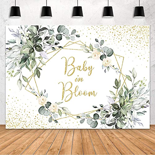 MEHOFOND Baby in Bloom Backdrop Eucalyptus Leaves Baby Shower Decorations Banner White Floral Baby Shower Supplies Photography Background Cake Table Decor Banner Photo Booth Prop Vinyl 7x5ft