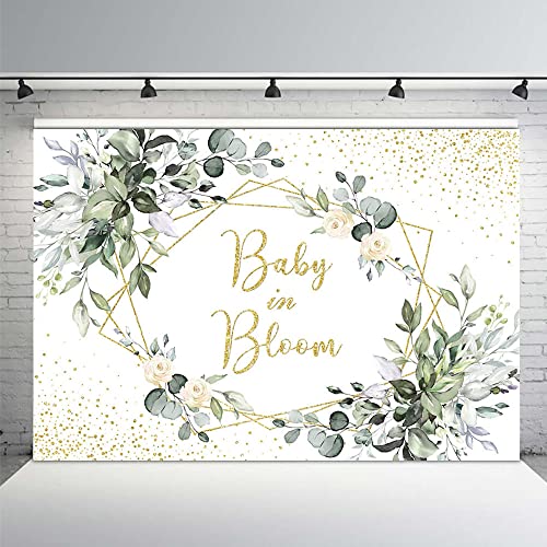 MEHOFOND Baby in Bloom Backdrop Eucalyptus Leaves Baby Shower Decorations Banner White Floral Baby Shower Supplies Photography Background Cake Table Decor Banner Photo Booth Prop Vinyl 7x5ft