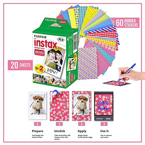 Fujifilm Instax Mini Instant Film (3 Pack, 60 Sheets) 5 Plastic Desk Frames, 60 Sticker Frames, 10 Hanging Creative Frames, 1 Pack Corner Stickers.