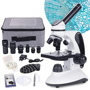 monocular microscope for adults students,40x-2000x magnification,dual led illumination beginners microscopes with science kits,phone adapter,carrying case,ac adapter,15 slides for lab class study