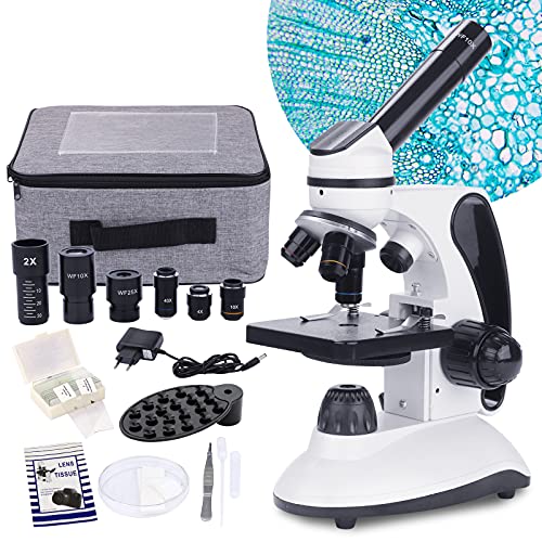 Monocular Microscope for Adults Students,40X-2000X Magnification,Dual LED Illumination Beginners Microscopes with Science Kits,Phone Adapter,Carrying Case,AC Adapter,15 Slides for Lab Class Study