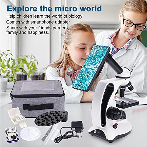 Monocular Microscope for Adults Students,40X-2000X Magnification,Dual LED Illumination Beginners Microscopes with Science Kits,Phone Adapter,Carrying Case,AC Adapter,15 Slides for Lab Class Study