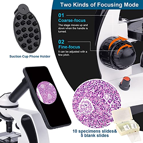 Monocular Microscope for Adults Students,40X-2000X Magnification,Dual LED Illumination Beginners Microscopes with Science Kits,Phone Adapter,Carrying Case,AC Adapter,15 Slides for Lab Class Study