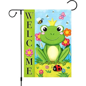 louise maelys welcome spring summer frog garden flags, burlap small hello summer garden yard house flag banner for outside 12×18 double sided vertical seasonal outdoor decoration (only flag)