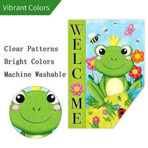 Louise Maelys Welcome Spring Summer Frog Garden Flags, Burlap Small Hello Summer Garden Yard House Flag Banner for Outside 12x18 Double Sided Vertical Seasonal Outdoor Decoration (ONLY FLAG)