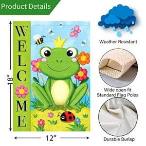 Louise Maelys Welcome Spring Summer Frog Garden Flags, Burlap Small Hello Summer Garden Yard House Flag Banner for Outside 12x18 Double Sided Vertical Seasonal Outdoor Decoration (ONLY FLAG)
