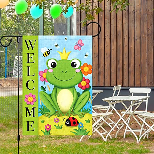 Louise Maelys Welcome Spring Summer Frog Garden Flags, Burlap Small Hello Summer Garden Yard House Flag Banner for Outside 12x18 Double Sided Vertical Seasonal Outdoor Decoration (ONLY FLAG)