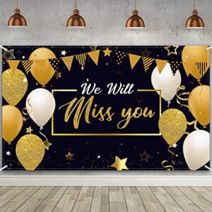 we will miss you party decorations, extra large going away party backdrop miss you photography background banner for farewell anniversary retirement graduation party, 72.8 x 43.3 inch (black, gold)