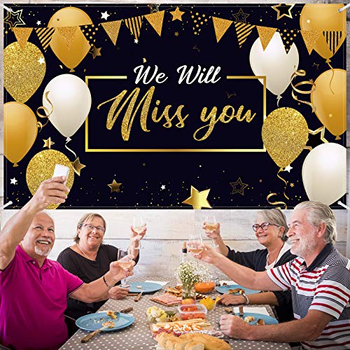 We Will Miss You Party Decorations, Extra Large Going Away Party Backdrop Miss You Photography Background Banner for Farewell Anniversary Retirement Graduation Party, 72.8 x 43.3 Inch (Black, Gold)