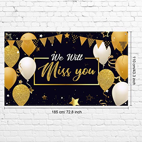 We Will Miss You Party Decorations, Extra Large Going Away Party Backdrop Miss You Photography Background Banner for Farewell Anniversary Retirement Graduation Party, 72.8 x 43.3 Inch (Black, Gold)