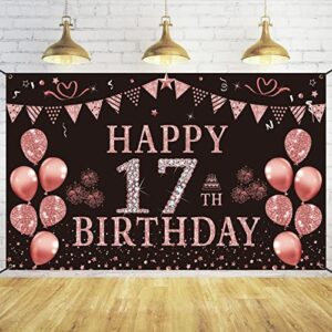 trgowaul happy 17th birthday decorations for girls – pink rose gold 17 birthday backdrop banner，seventeen year old birthday party supply photography background birthday sign poster decor gift daughter