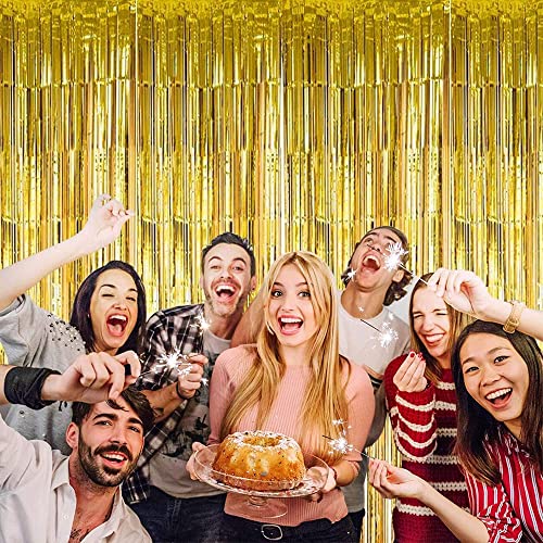 3Pcs Gold Metallic Tinsel Foil Fringe Curtains,3.2ft*8ft Gold Photo Booth Backdrop Streamer,Photo Booth Props,for Party Door Wall Curtains Bachelorette Birthday, Christmas,New Year Decorations