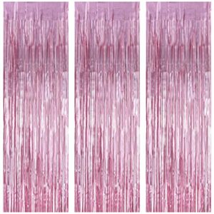 3 pack foil curtains metallic foil fringe curtain for birthday party photo backdrop wedding event decor (pale pink)