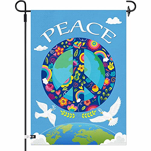 AOKDEER Peace Garden Flag, Burlap Double Sided Small Peace Sign Flag 12x18 Inch, World Peace Garden Flag for Outside, Inspirational White Dove Seasonal Yard Flag, Rainbow World Outdoor Flag Decoration