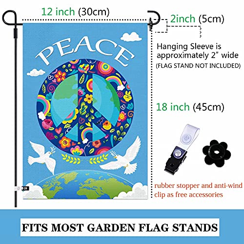 AOKDEER Peace Garden Flag, Burlap Double Sided Small Peace Sign Flag 12x18 Inch, World Peace Garden Flag for Outside, Inspirational White Dove Seasonal Yard Flag, Rainbow World Outdoor Flag Decoration