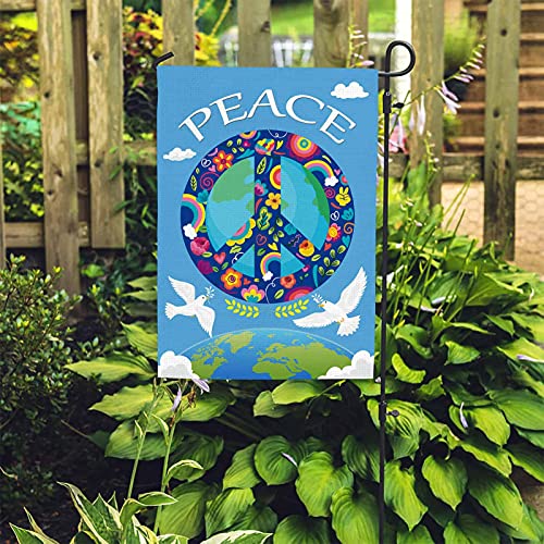 AOKDEER Peace Garden Flag, Burlap Double Sided Small Peace Sign Flag 12x18 Inch, World Peace Garden Flag for Outside, Inspirational White Dove Seasonal Yard Flag, Rainbow World Outdoor Flag Decoration