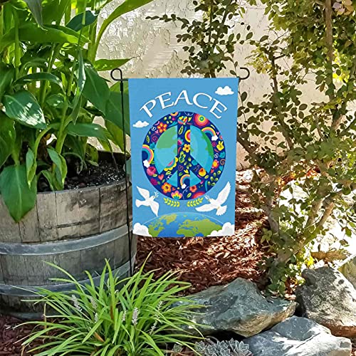 AOKDEER Peace Garden Flag, Burlap Double Sided Small Peace Sign Flag 12x18 Inch, World Peace Garden Flag for Outside, Inspirational White Dove Seasonal Yard Flag, Rainbow World Outdoor Flag Decoration