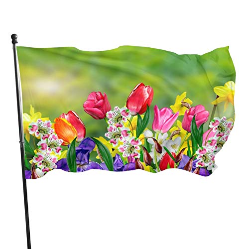 Spring Summer Flowers Daffodils and Tulips Flag 3x5 Ft Large Sewn Polyester Banner Outside Hanging Standard Flag for Yard Garden Lawn Holiday