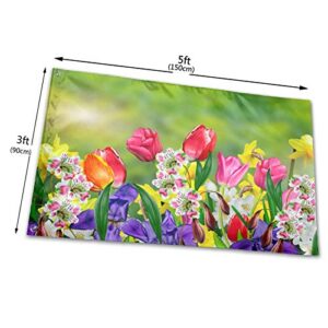 Spring Summer Flowers Daffodils and Tulips Flag 3x5 Ft Large Sewn Polyester Banner Outside Hanging Standard Flag for Yard Garden Lawn Holiday