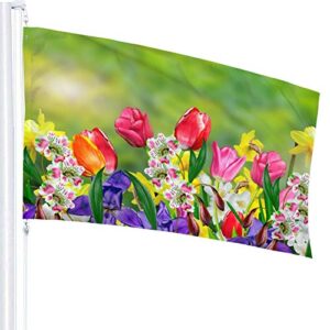 Spring Summer Flowers Daffodils and Tulips Flag 3x5 Ft Large Sewn Polyester Banner Outside Hanging Standard Flag for Yard Garden Lawn Holiday