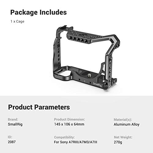 SmallRig A7RIII / A7III / A7M3 Camera Cage for Sony A7RIII / A7III / A7M3 Camera (ILCE-7RM3 / A7R Mark III), w/ Shoe Mount, Built-in NATO Rail, Accessible for Sony XLR-K2M/K1M, Black – 2087