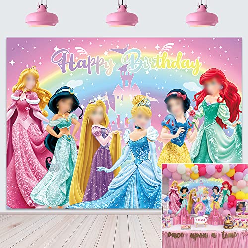 Princess Birthday Backdrop Princess Theme Photography Background Girls Party Supplies Princess Baby Shower Decorations Cake Table Banner Kids Photo Booth Props 5x3FT