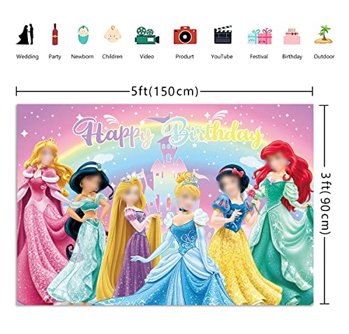 Princess Birthday Backdrop Princess Theme Photography Background Girls Party Supplies Princess Baby Shower Decorations Cake Table Banner Kids Photo Booth Props 5x3FT