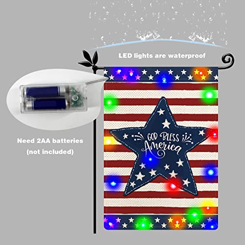 4th of July God Bless America Garden Flag with LED Lights, Patriotic Watercolor Stripes Star Lighted Yard Flag, Memorial Day Burlap Double Sided Led Light Flag for Lawn Patio Decor 12.5 x 18 Inch