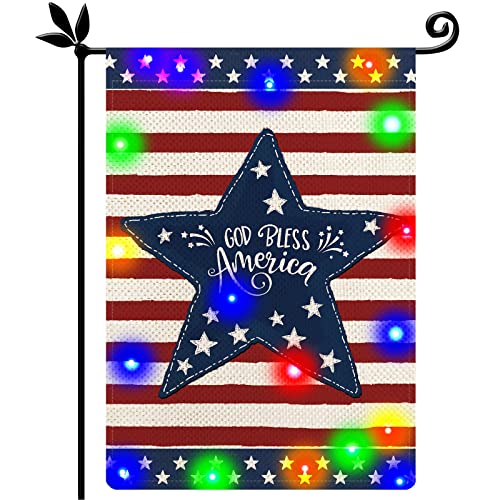 4th of July God Bless America Garden Flag with LED Lights, Patriotic Watercolor Stripes Star Lighted Yard Flag, Memorial Day Burlap Double Sided Led Light Flag for Lawn Patio Decor 12.5 x 18 Inch