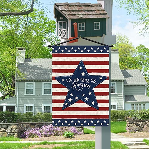 4th of July God Bless America Garden Flag with LED Lights, Patriotic Watercolor Stripes Star Lighted Yard Flag, Memorial Day Burlap Double Sided Led Light Flag for Lawn Patio Decor 12.5 x 18 Inch