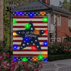 4th of July God Bless America Garden Flag with LED Lights, Patriotic Watercolor Stripes Star Lighted Yard Flag, Memorial Day Burlap Double Sided Led Light Flag for Lawn Patio Decor 12.5 x 18 Inch