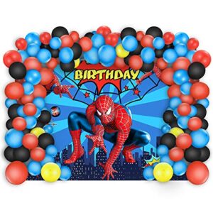 spiderman birthday party decorations 5 x 3 ft backdrop banner photography background and 80 pcs latex balloons kit superhero theme party supplies for indoor outdoor living room yard