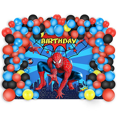 Spiderman Birthday Party Decorations 5 x 3 Ft Backdrop Banner Photography Background and 80 Pcs Latex Balloons Kit Superhero Theme Party Supplies for Indoor Outdoor Living Room Yard