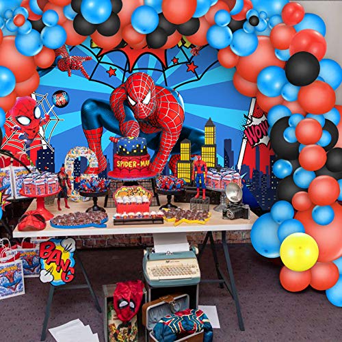 Spiderman Birthday Party Decorations 5 x 3 Ft Backdrop Banner Photography Background and 80 Pcs Latex Balloons Kit Superhero Theme Party Supplies for Indoor Outdoor Living Room Yard