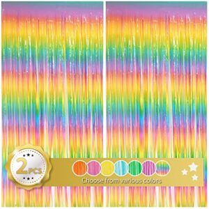 beishida 2 pack light rainbow foil fringe curtain assorted colorful tinsel metallic curtains photo backdrop for birthday party wedding engagement bridal shower (3.28 x 6.56 ft)