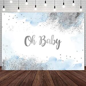 aibiin 7x5ft oh baby backdrop for boys pastel watercolor baby shower photography background blue clouds silver glitter baby shower party decorations cake table banner supplies photo studio props