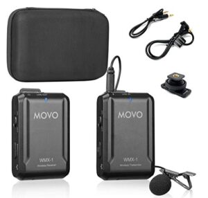 movo wmx-1 2.4ghz wireless lavalier microphone system compatible with dslr cameras, camcorders, iphone, android smartphones, and tablets (200′ ft audio range)