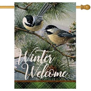 covido home decorative winter welcome chickadee birds house flag, garden yard tree branches pinecone buffalo plaid check outside decorations, christmas farmhouse outdoor large decor double sided 28×40