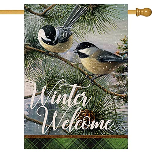 Covido Home Decorative Winter Welcome Chickadee Birds House Flag, Garden Yard Tree Branches Pinecone Buffalo Plaid Check Outside Decorations, Christmas Farmhouse Outdoor Large Decor Double Sided 28x40