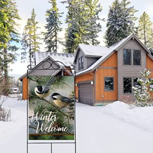 Covido Home Decorative Winter Welcome Chickadee Birds House Flag, Garden Yard Tree Branches Pinecone Buffalo Plaid Check Outside Decorations, Christmas Farmhouse Outdoor Large Decor Double Sided 28x40