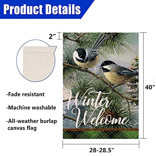 Covido Home Decorative Winter Welcome Chickadee Birds House Flag, Garden Yard Tree Branches Pinecone Buffalo Plaid Check Outside Decorations, Christmas Farmhouse Outdoor Large Decor Double Sided 28x40