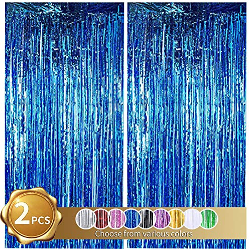 BEISHIDA 2 Pack Foil Fringe Curtain,Blue Tinsel Metallic Curtains Photo Backdrop Streamer Curtain for Wedding Engagement Bridal Shower Birthday Bachelorette Party Stage Decor(3.28 ft x 6.56 ft)