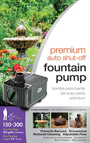 Pennington Aquagarden, Premium Auto Shut-Off Fountain Pump, Suitable for Garden Fountains, Water Features, Aquaponics & Hydroponics, 150 - 300 Gallon, 5’6” Pumping Height