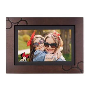 disney classic mickey mouse photoshare 10” smart digital photo frame, send pics from phone to frames, wi-fi, 8 gb, holds 5,000+ pics, hd touchscreen, premium espresso engraved wood