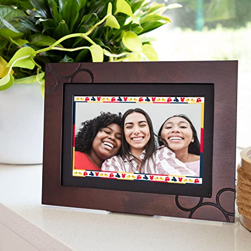 Disney Classic Mickey Mouse PhotoShare 10” Smart Digital Photo Frame, Send Pics from Phone to Frames, Wi-Fi, 8 GB, Holds 5,000+ Pics, HD Touchscreen, Premium Espresso Engraved Wood