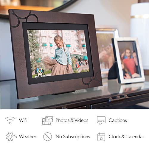 Disney Classic Mickey Mouse PhotoShare 10” Smart Digital Photo Frame, Send Pics from Phone to Frames, Wi-Fi, 8 GB, Holds 5,000+ Pics, HD Touchscreen, Premium Espresso Engraved Wood