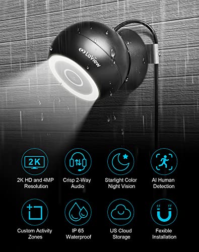 LaView 4MP 2K Security Cameras Outdoor Indoor Wired,IP65, Starlight Sensor & 100 Ft Night Vision,Motion/Person Detection,2-Way Audio/Spotlight,US Cloud,Compatible With Alexa,iOS & Android & Web Access