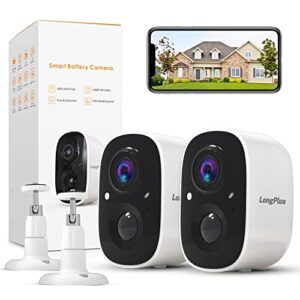 longplus wireless outdoor security camera,2 pack battery powered wireless security camera for home security, wireless wifi camera with ai detection, color night vision,spotlight,2 way audio,only2.4ghz