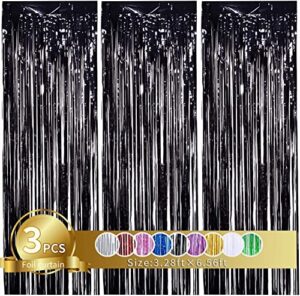 3pcs black metallic tinsel foil fringe curtains, 3.28ft x 6.56ft black photo booth backdrop streamer curtain,photo booth props,ideal bachelorette party,birthday, halloween,christmas, new year decor